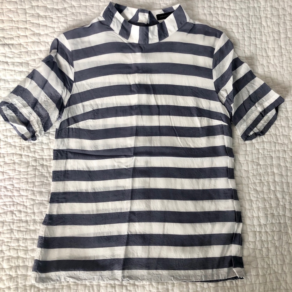 Stripe mock neck blouse with buttoned down back